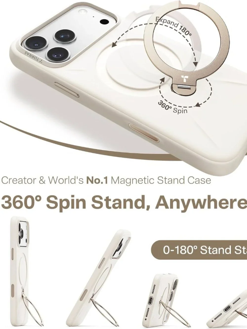 TORRAS Q3 iPhone 17 Pro Case MagSafe 360 Spin Kickstand Silicone Light Ivory